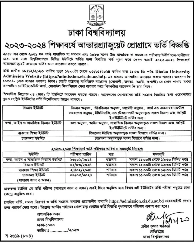 Dhaka University Admission Information 2023-2024